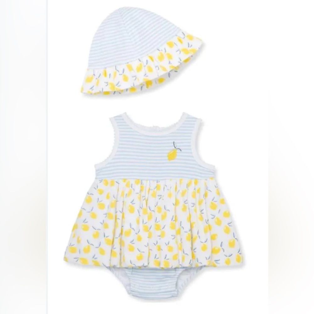 Lemon Print Kids Dress and Hat Set, Little Me 3-6 M